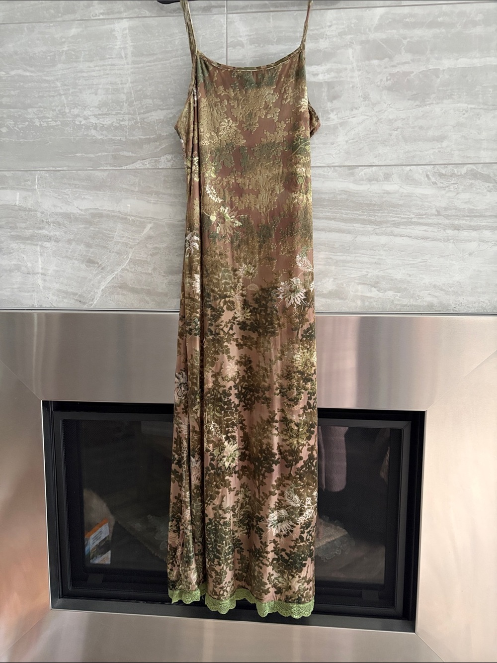 ROMWE Olive & Gold Floral Velvet Accent Slip Dress